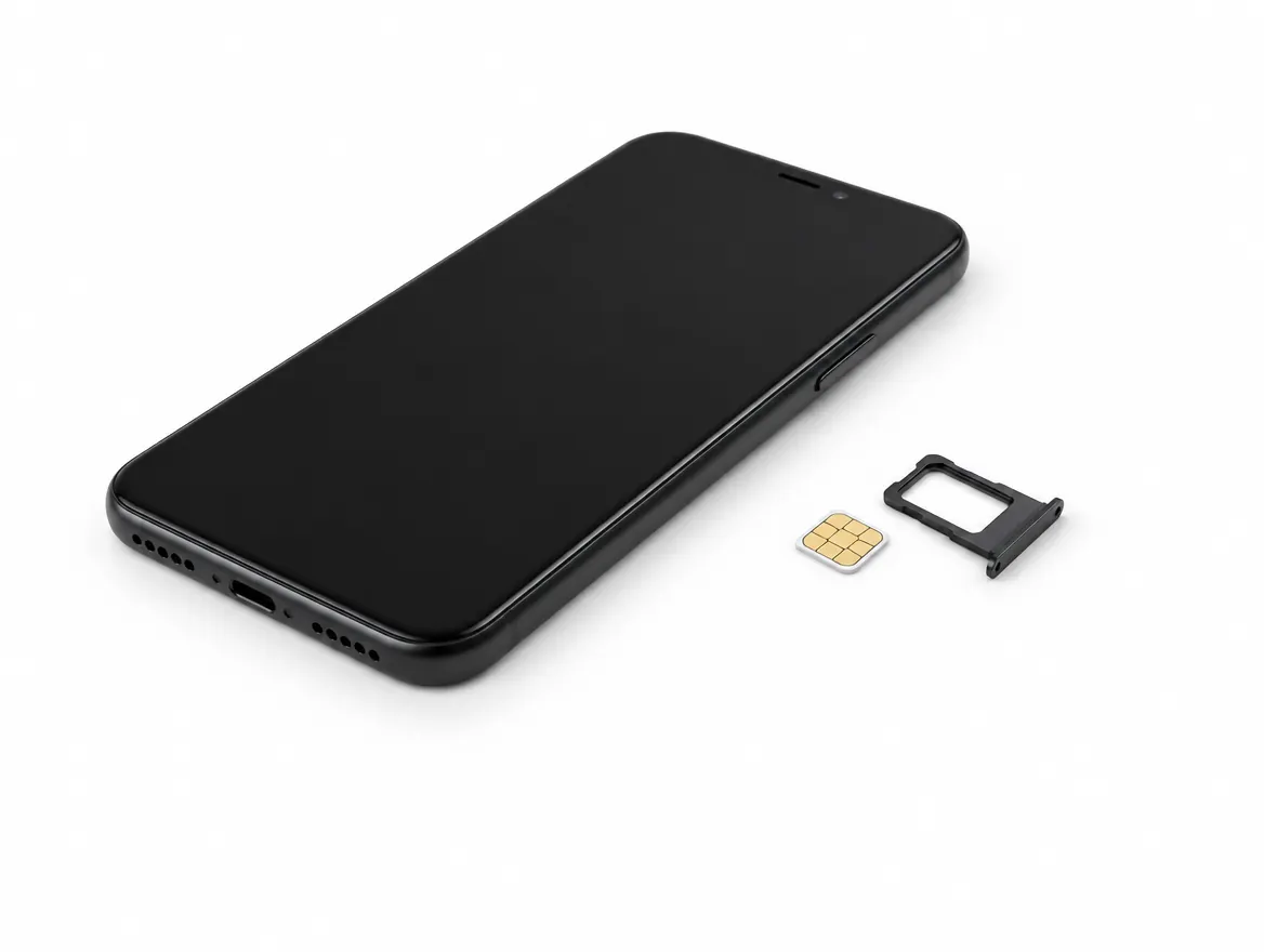 Celular junto a un chip SIM y su bandeja